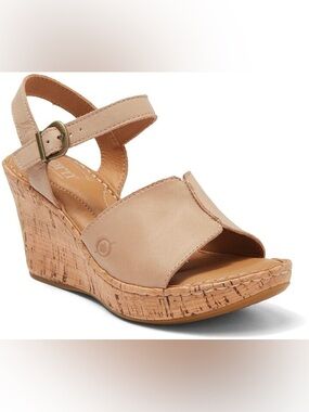 Born Women’s Agnio Ankle Strap Leather Cork Wedge Sandals Tan Size 8 VGUC